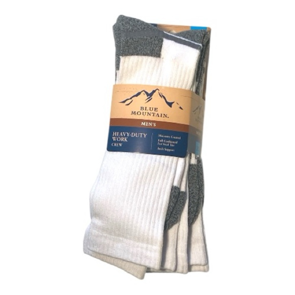 Blue Mountain Mens Heavy-Duty Work Crew Socks - White and Gray